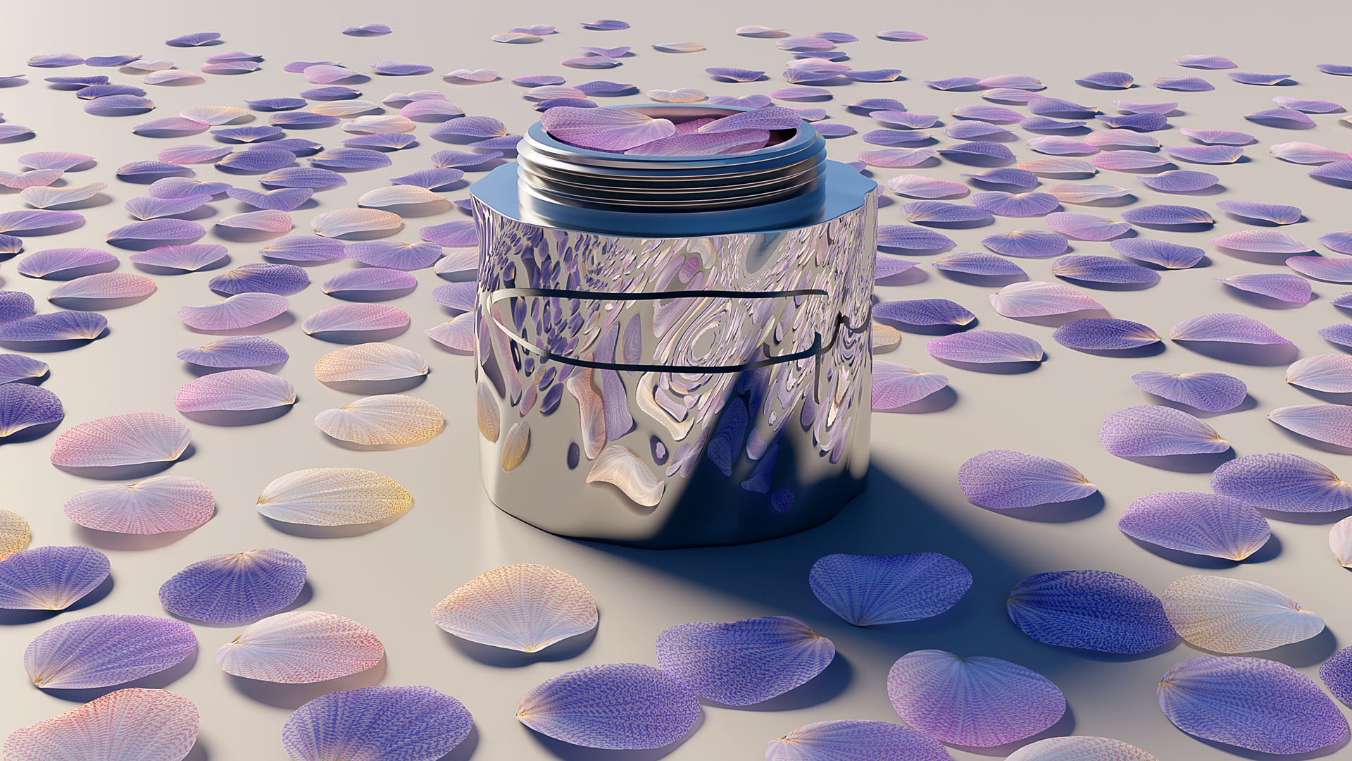 image de synthèse de pétales de fleurs et flacon métal poli, 100% digitale, CGI avertising, procedural, Effets speciaux numeriques 